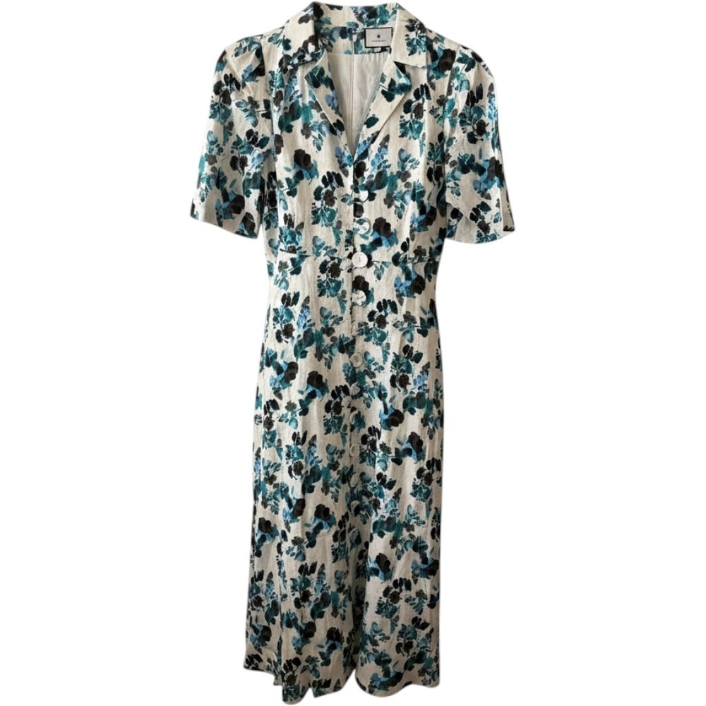 Tuckernuck Blue Blooms Linen Midi Dress Short Sleeve Button Front Size L NEW